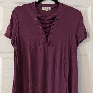 L Pink Rose Lace Up Front Wine T-Shirt
